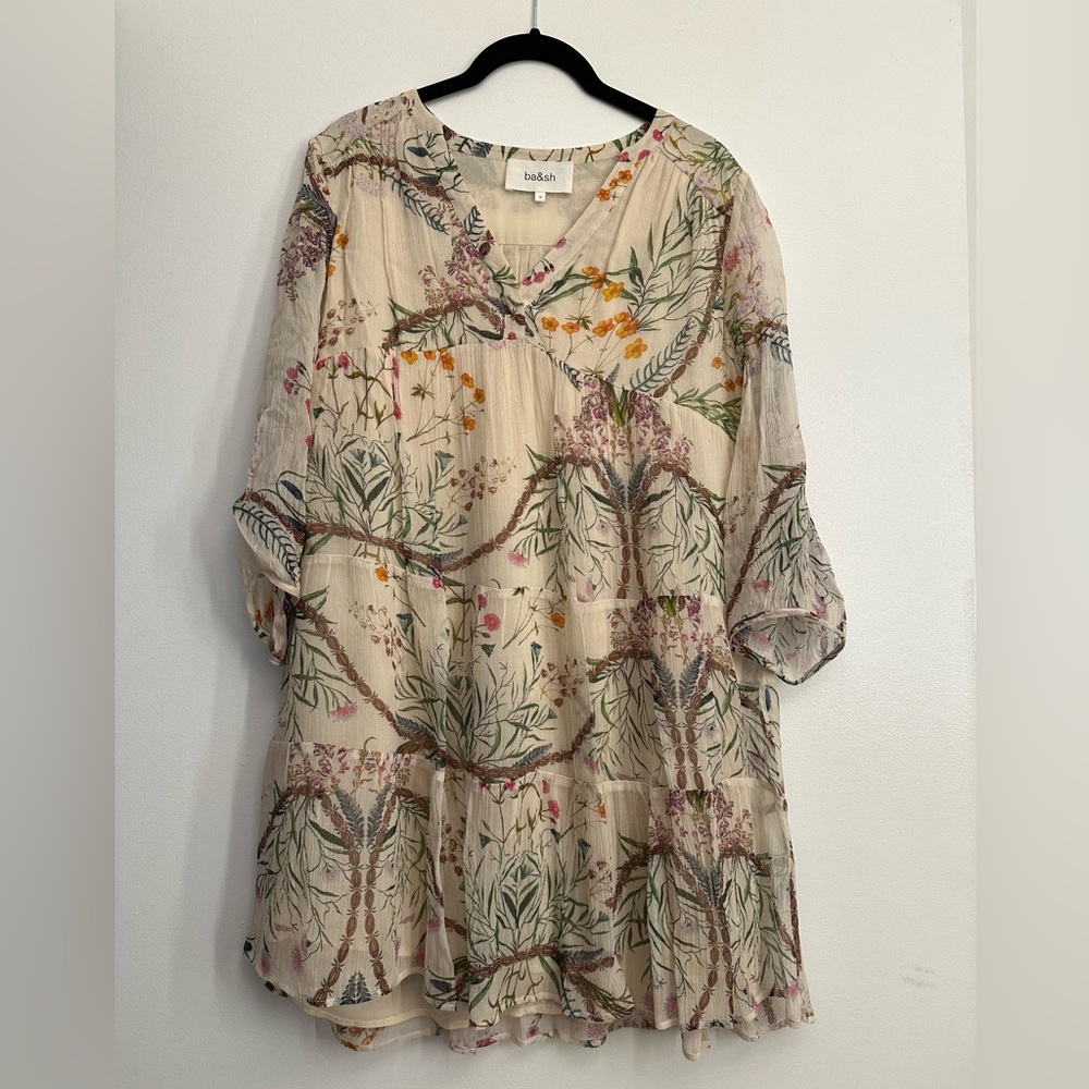 Ba&sh Long Sleeve Dress. Ivory with colored floral print. Size 0. Good condition